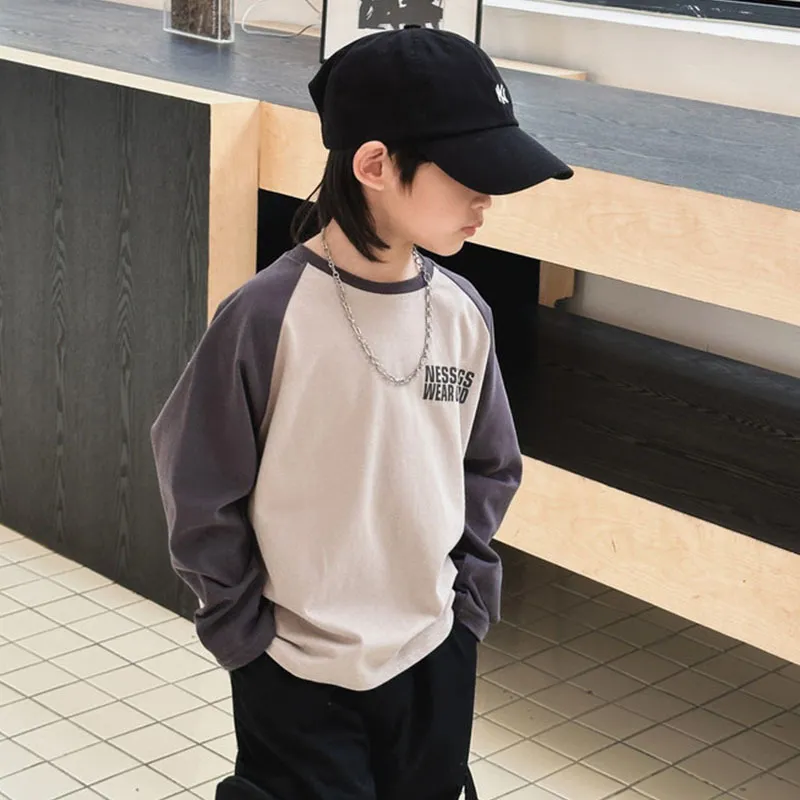【100-160cm】合わせやすい！ カジュアル キャンパス 日常 切り替え 男の子 長袖 Ｔシャツ