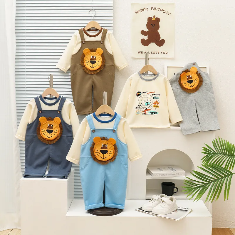 【80-120cm】二点セット 人気上昇中 可愛い 獅子カートゥーン 男の子 Ｔシャツ＋サロペット セットアップ