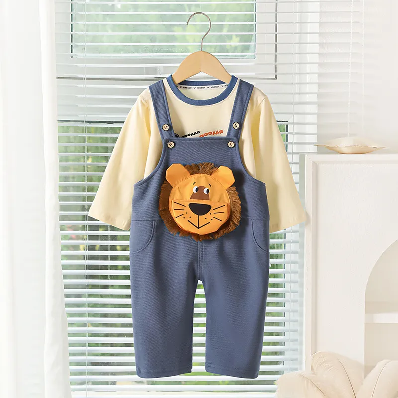 【80-120cm】二点セット 人気上昇中 可愛い 獅子カートゥーン 男の子 Ｔシャツ＋サロペット セットアップ