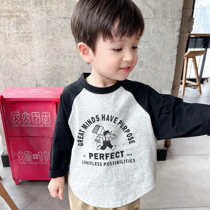【80-130cm】日常 合わせやすい 定番 カジュアル アルファベット 配色 男の子 長袖 Ｔシャツ
