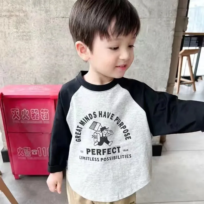 【80-130cm】日常 合わせやすい 定番 カジュアル アルファベット 配色 男の子 長袖 Ｔシャツ