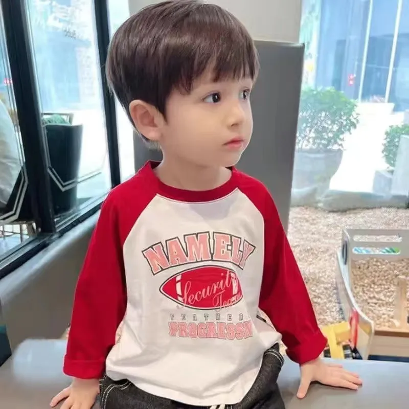 【80-130cm】日常 合わせやすい 定番 カジュアル アルファベット 配色 男の子 長袖 Ｔシャツ