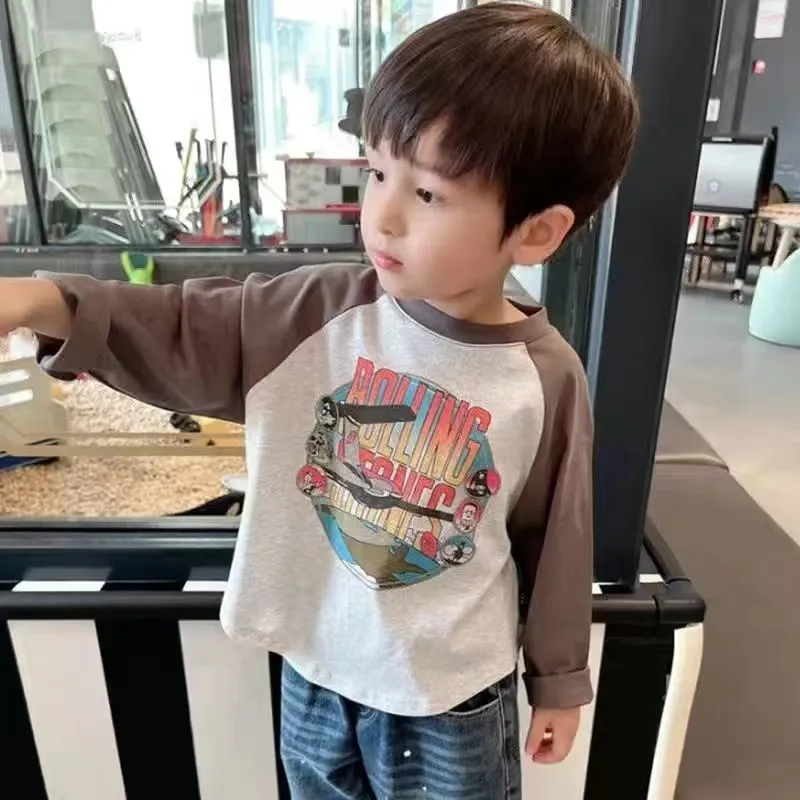 【80-130cm】日常 合わせやすい 定番 カジュアル アルファベット 配色 男の子 長袖 Ｔシャツ