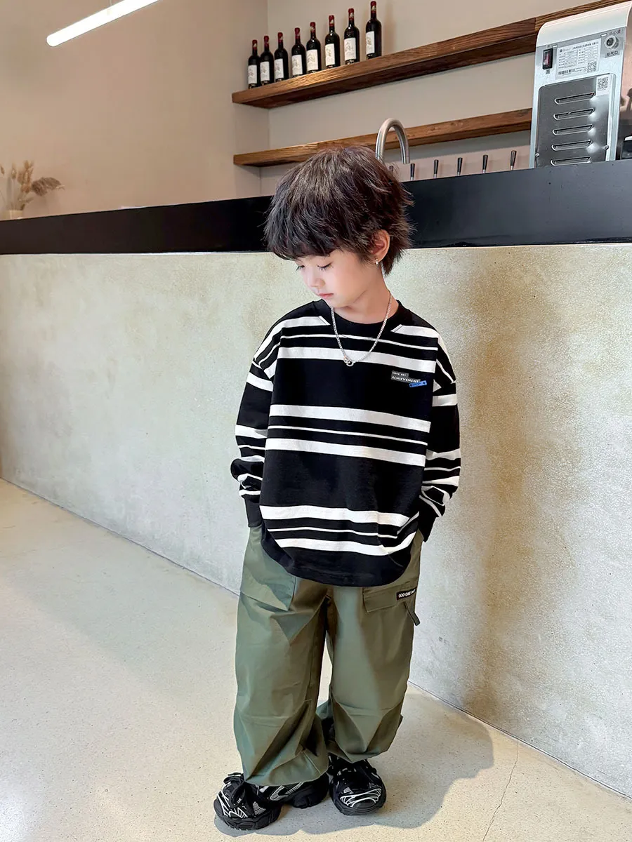 【110-170cm】秋新作!カジュアル ファッション 配色 ボーダー柄 男の子 長袖 Tシャツ