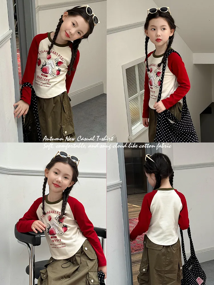 【110-160cm】見逃さないで！新作 カートゥーン ウサギ＋いちご柄 可愛い 女の子 長袖 Ｔシャツ
