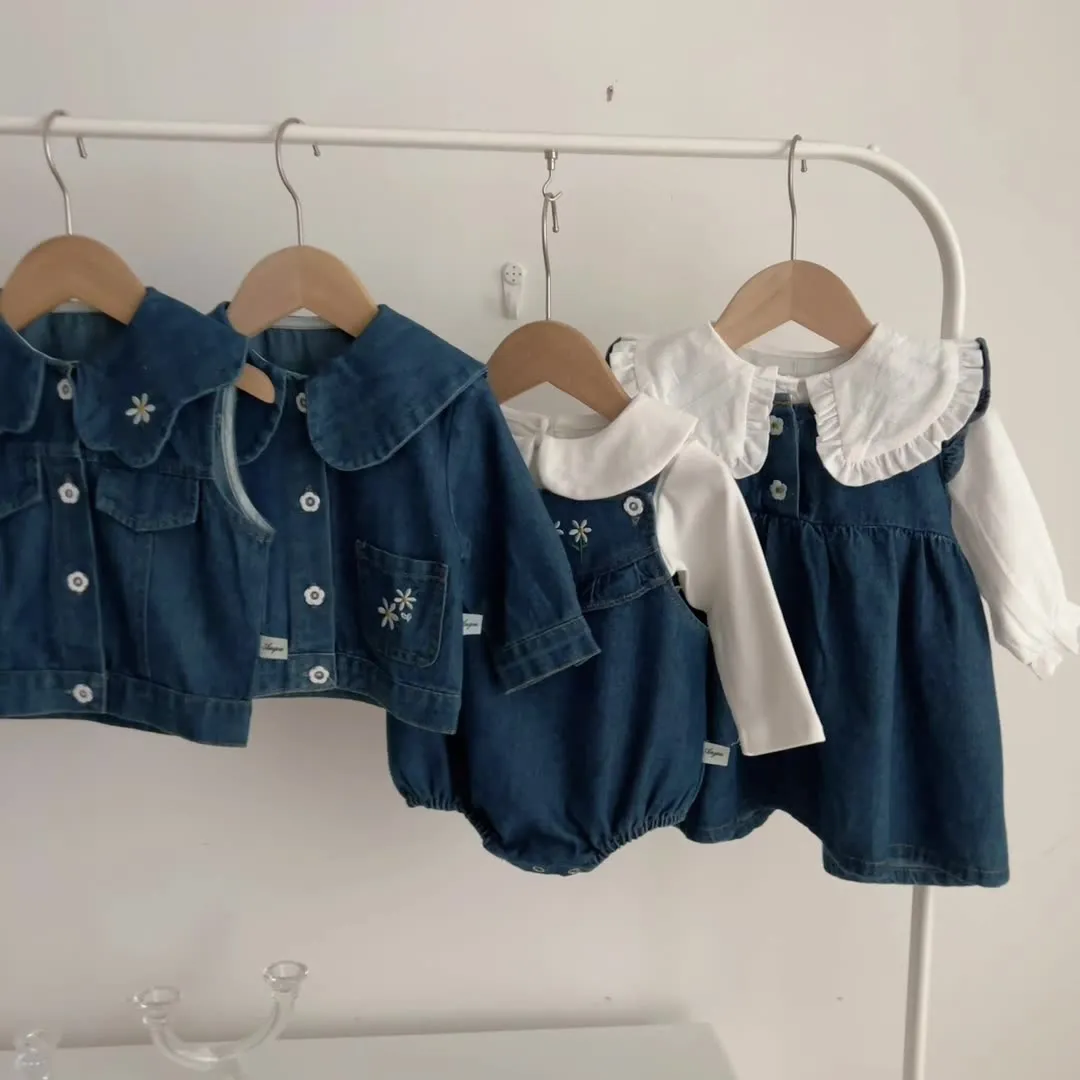 【66-100cm】可愛らしさ満載 単品注文 折り襟 スウィート Tシャツ デニム ロンパース/ワンピース/ベスト