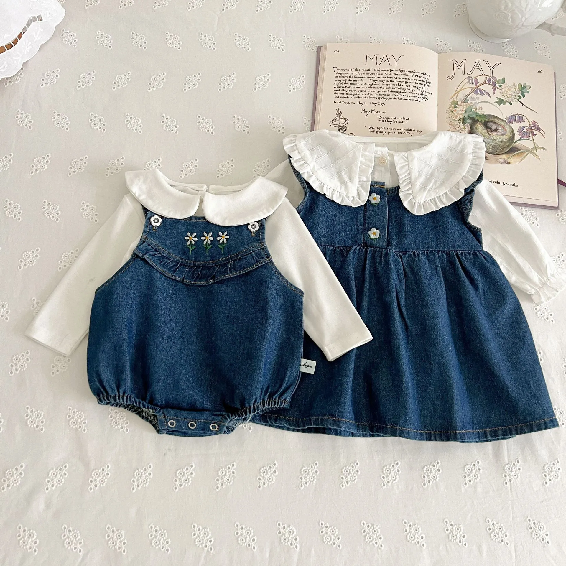 【66-100cm】可愛らしさ満載 単品注文 折り襟 スウィート Tシャツ デニム ロンパース/ワンピース/ベスト