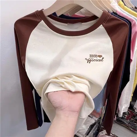 【110-160cm】シンプル 清新 着やすい  切り替え 配色 アルファベット  女の子 長袖 Ｔシャツ