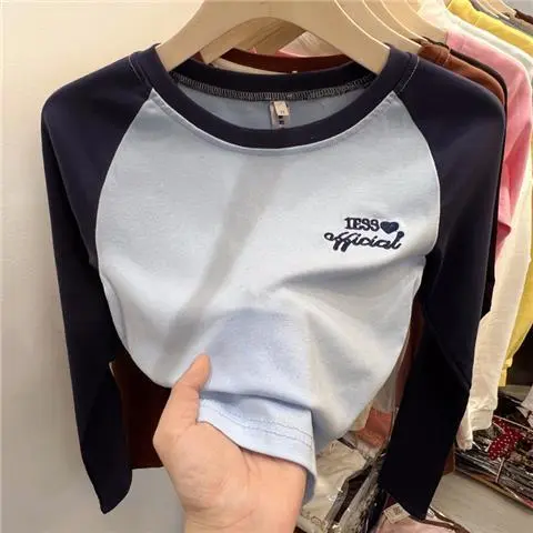 【110-160cm】シンプル 清新 着やすい  切り替え 配色 アルファベット  女の子 長袖 Ｔシャツ