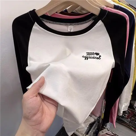 【110-160cm】シンプル 清新 着やすい  切り替え 配色 アルファベット  女の子 長袖 Ｔシャツ