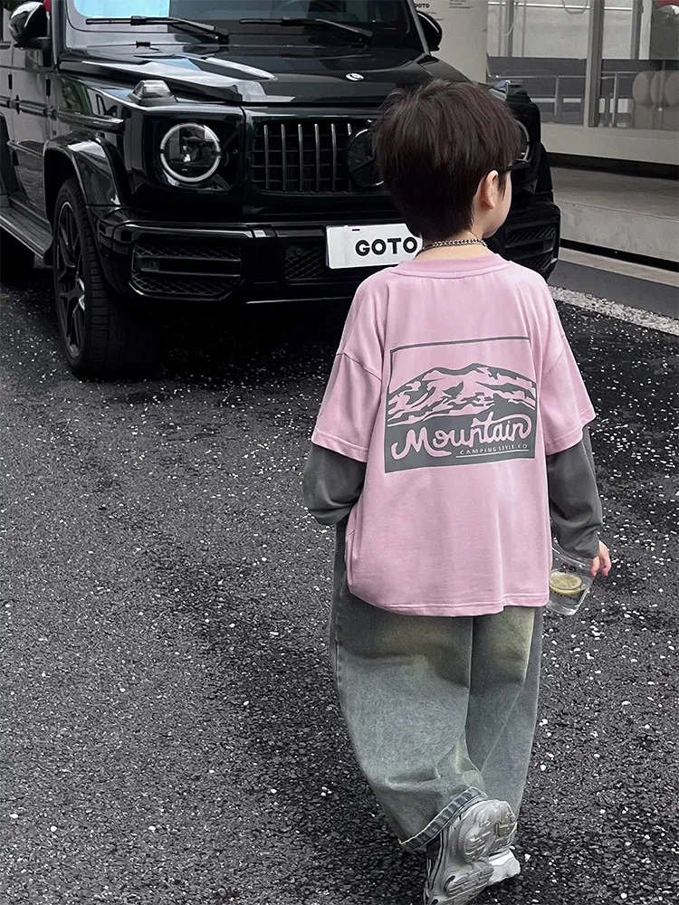 【90-150cm】リラックス感ある カジュアル 合わせやすい フェイクレイヤード 長袖 Tシャツ