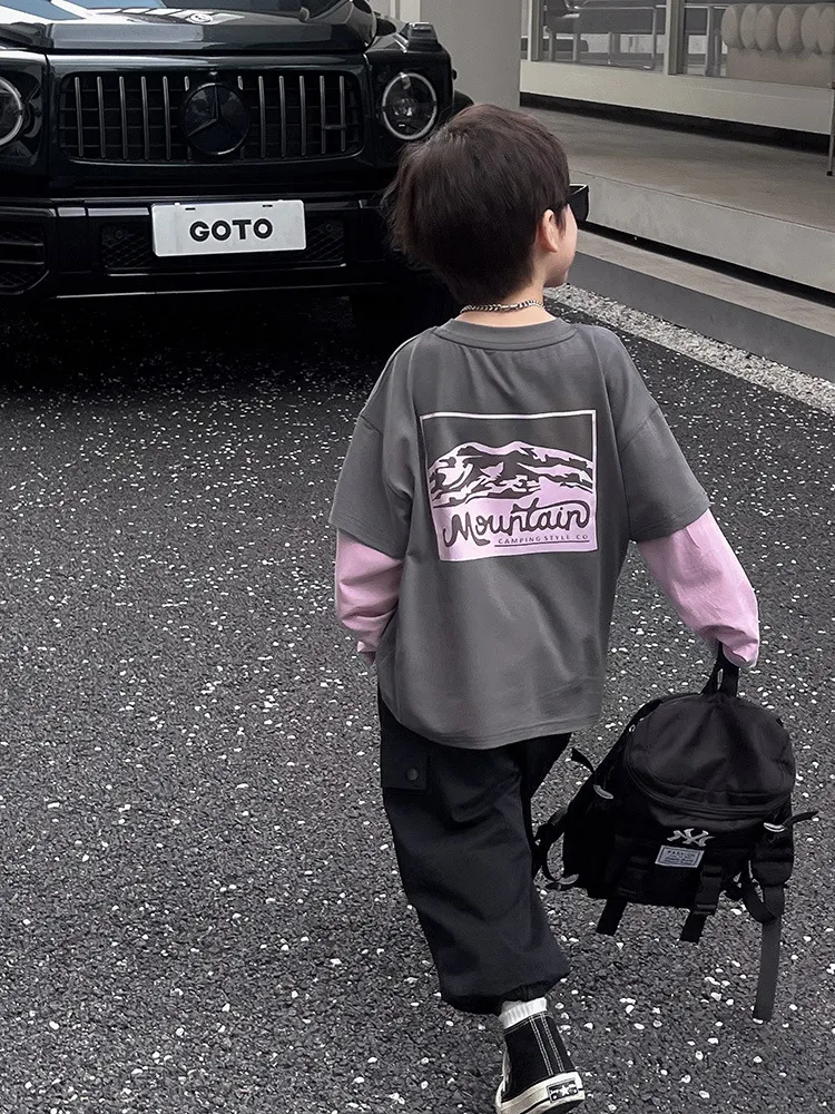 【90-150cm】リラックス感ある カジュアル 合わせやすい フェイクレイヤード 長袖 Tシャツ