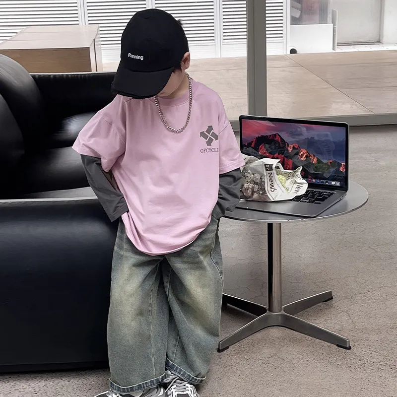 【90-150cm】リラックス感ある カジュアル 合わせやすい フェイクレイヤード 長袖 Tシャツ