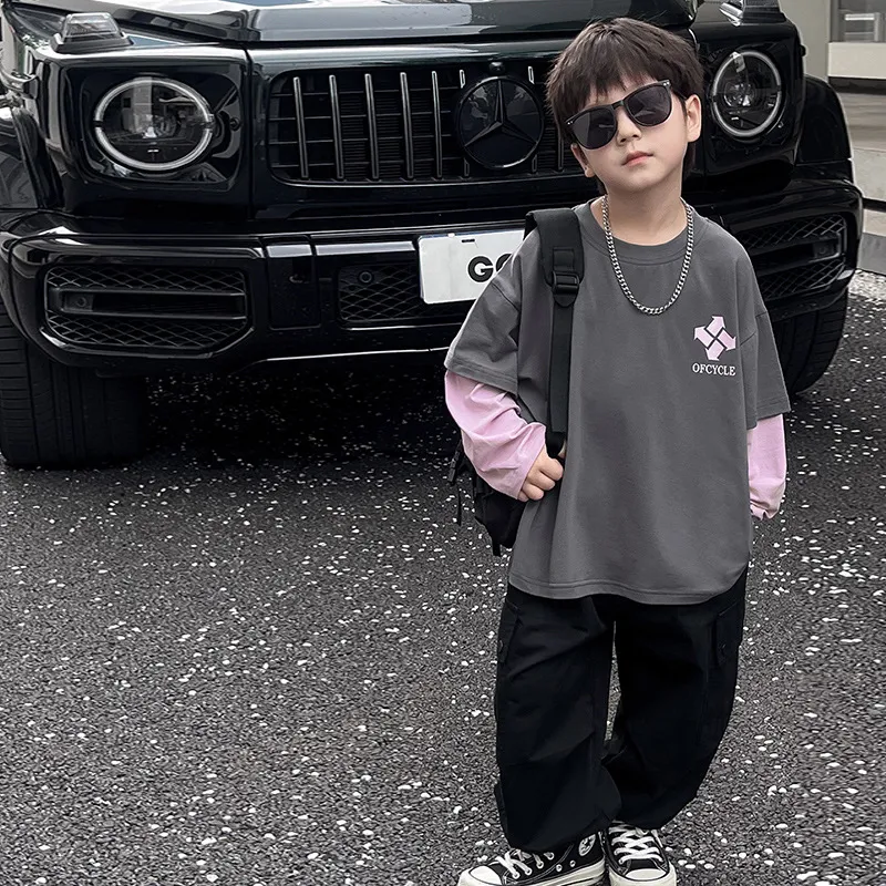 【90-150cm】リラックス感ある カジュアル 合わせやすい フェイクレイヤード 長袖 Tシャツ