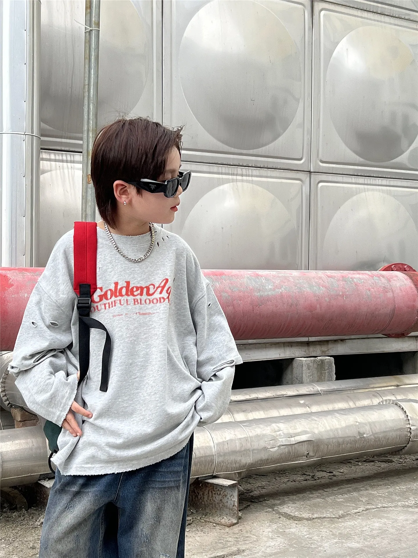 【90-150cm】毎日着たくなる フェイクレイヤード カジュアル 合わせやすい レトロ 長袖 Tシャツ