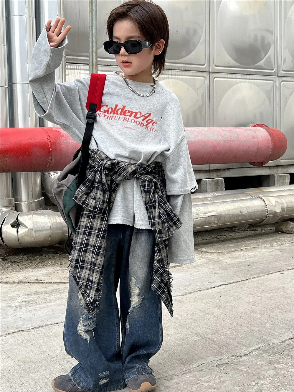 【90-150cm】毎日着たくなる フェイクレイヤード カジュアル 合わせやすい レトロ 長袖 Tシャツ