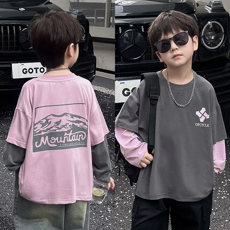 【90-150cm】リラックス感ある カジュアル 合わせやすい フェイクレイヤード 長袖 Tシャツ