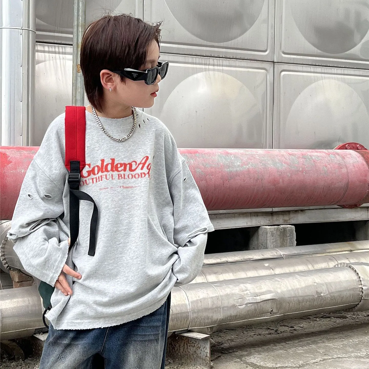 【90-150cm】毎日着たくなる フェイクレイヤード カジュアル 合わせやすい レトロ 長袖 Tシャツ
