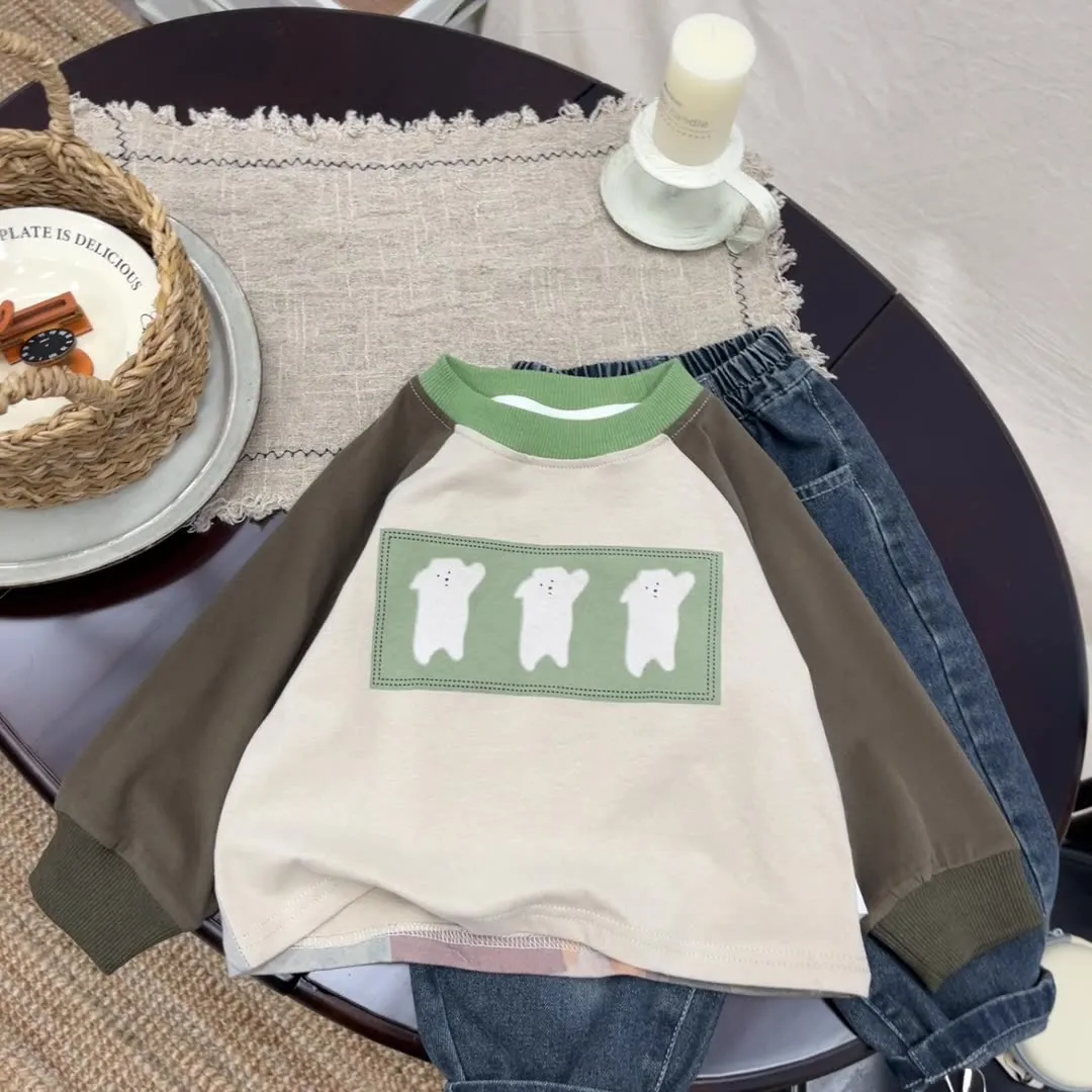 【80-130cm】大人気！シンプル カジュアル カートゥーン 合わせやすい 切り替え 男の子 長袖 Ｔシャツ