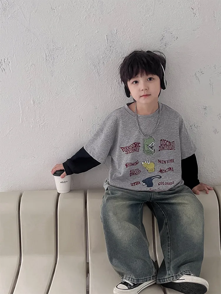 【90-150cm】見逃さないで！クール カジュアル  切り替え カートゥーン 男の子 トレーナー