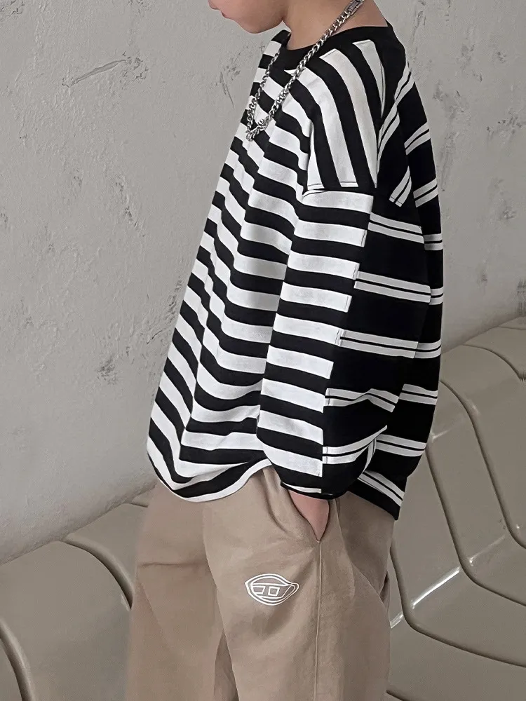【90-150cm】大人気!ストリート系 カジュアル ボーダー柄 配色 男の子 長袖 Tシャツ
