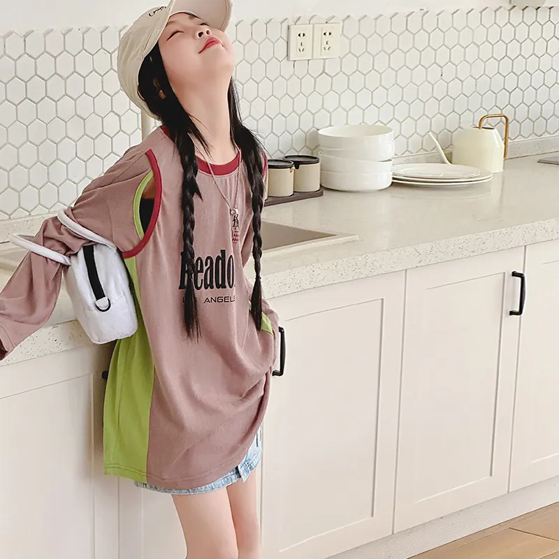 【120-170cm】定番人気 カジュアル 合わせやすい ロングTシャツ トップス 女の子