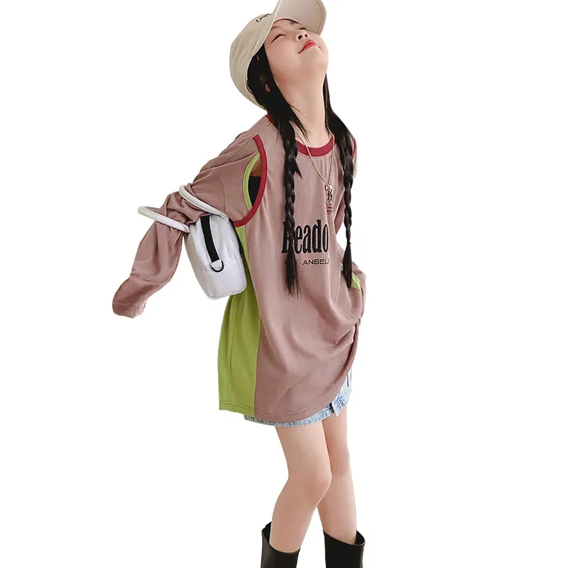 【120-170cm】定番人気 カジュアル 合わせやすい ロングTシャツ トップス 女の子