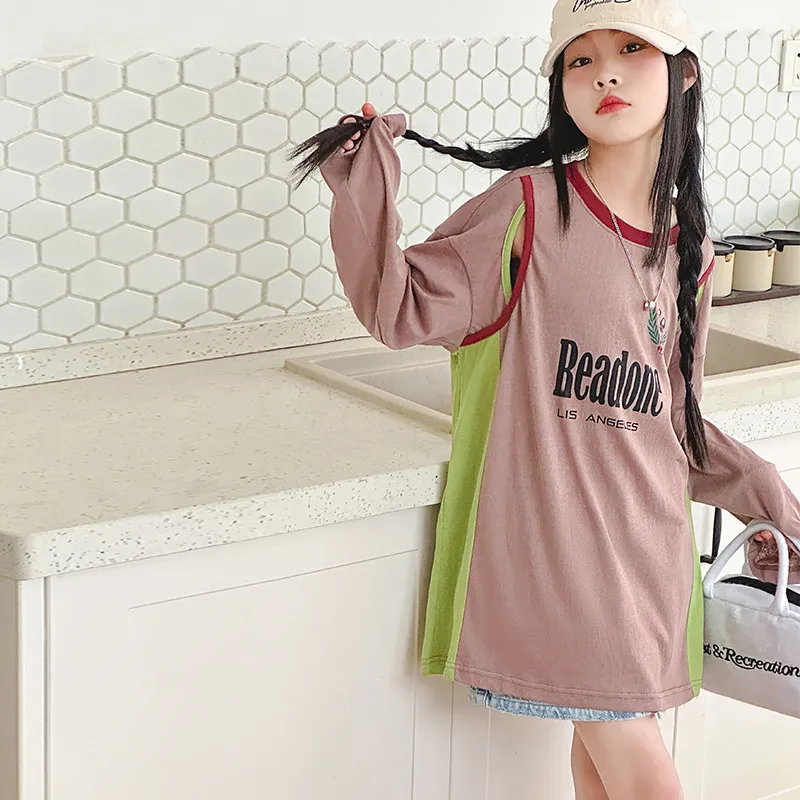 【120-170cm】定番人気 カジュアル 合わせやすい ロングTシャツ トップス 女の子