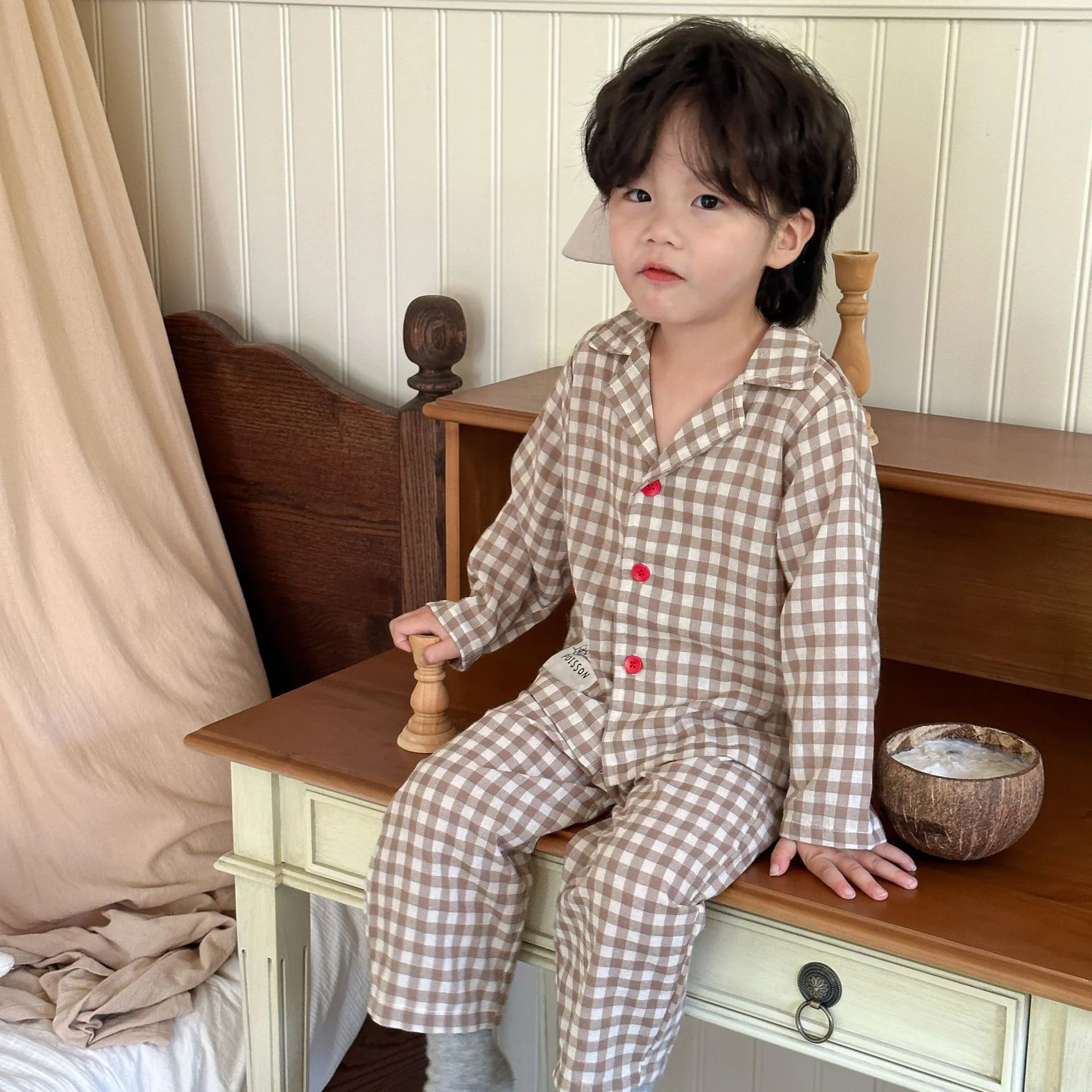 【80-150cm】定番 肌触りがソフト 折り襟 チェック柄 男女限らず パジャマ