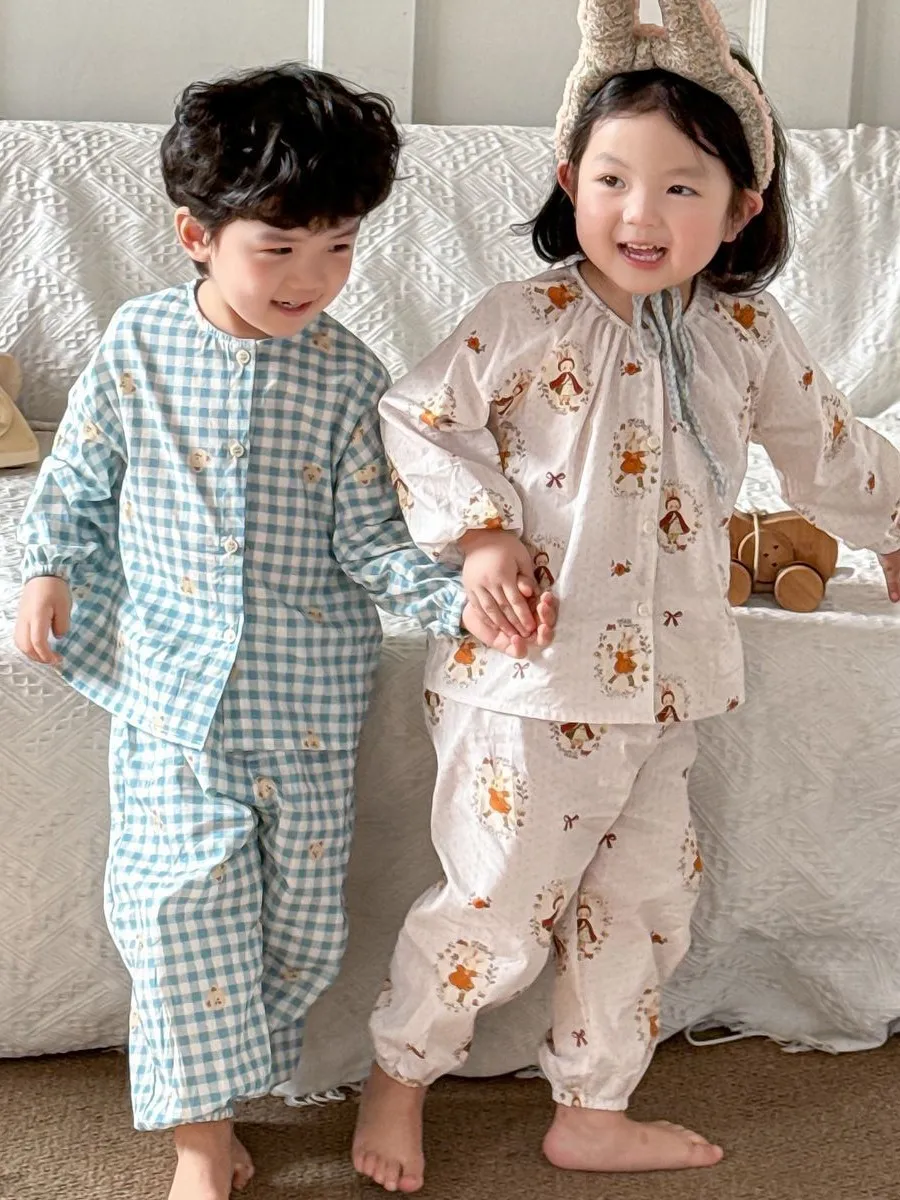 【90-130cm】 秋冬 暖かい 前開き 兄妹お揃い 長袖 子供 ルームウェア 可愛い セットアップ