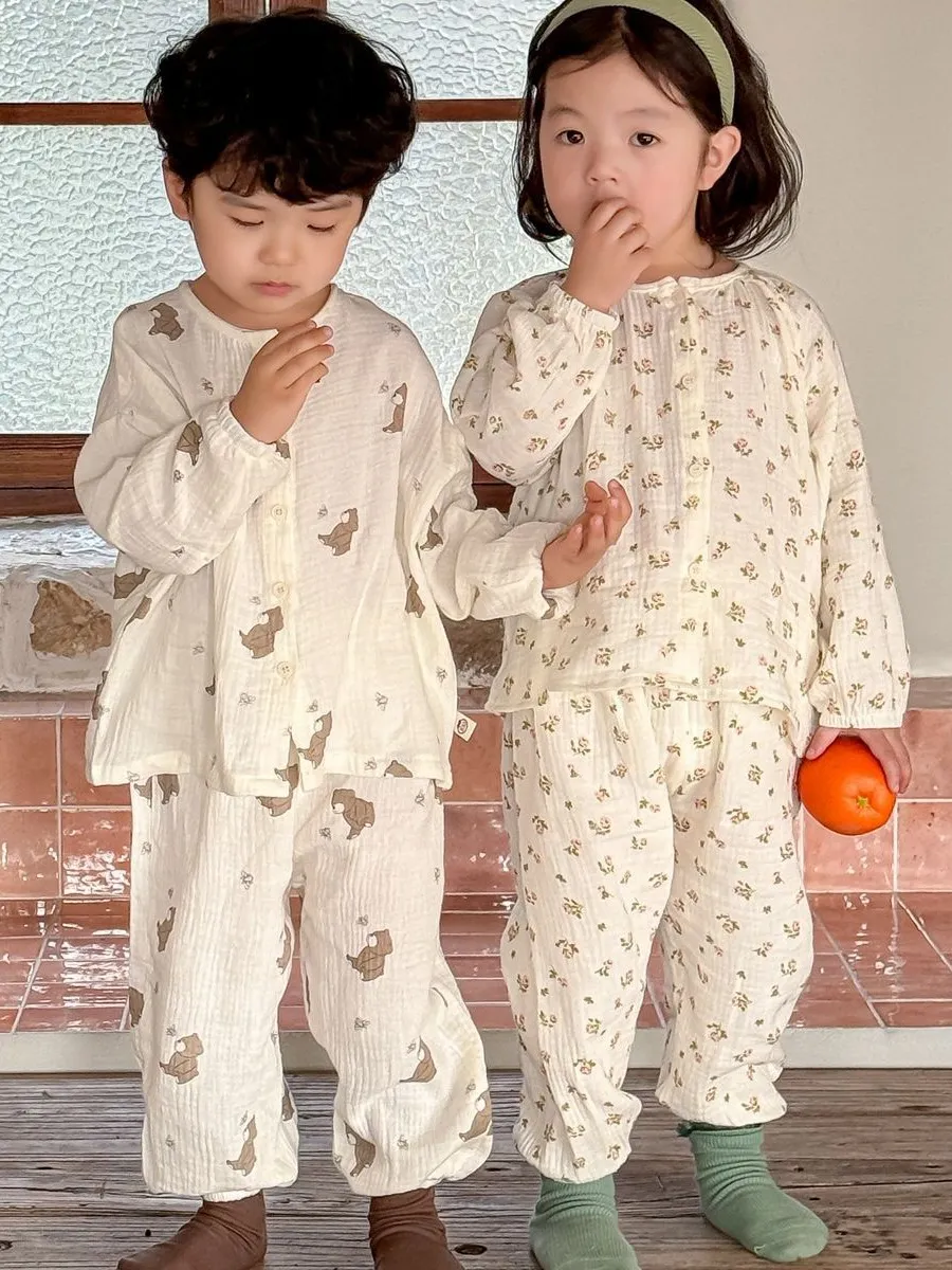 【90-130cm】 秋冬 暖かい 前開き 兄妹お揃い 長袖 子供 ルームウェア 可愛い セットアップ