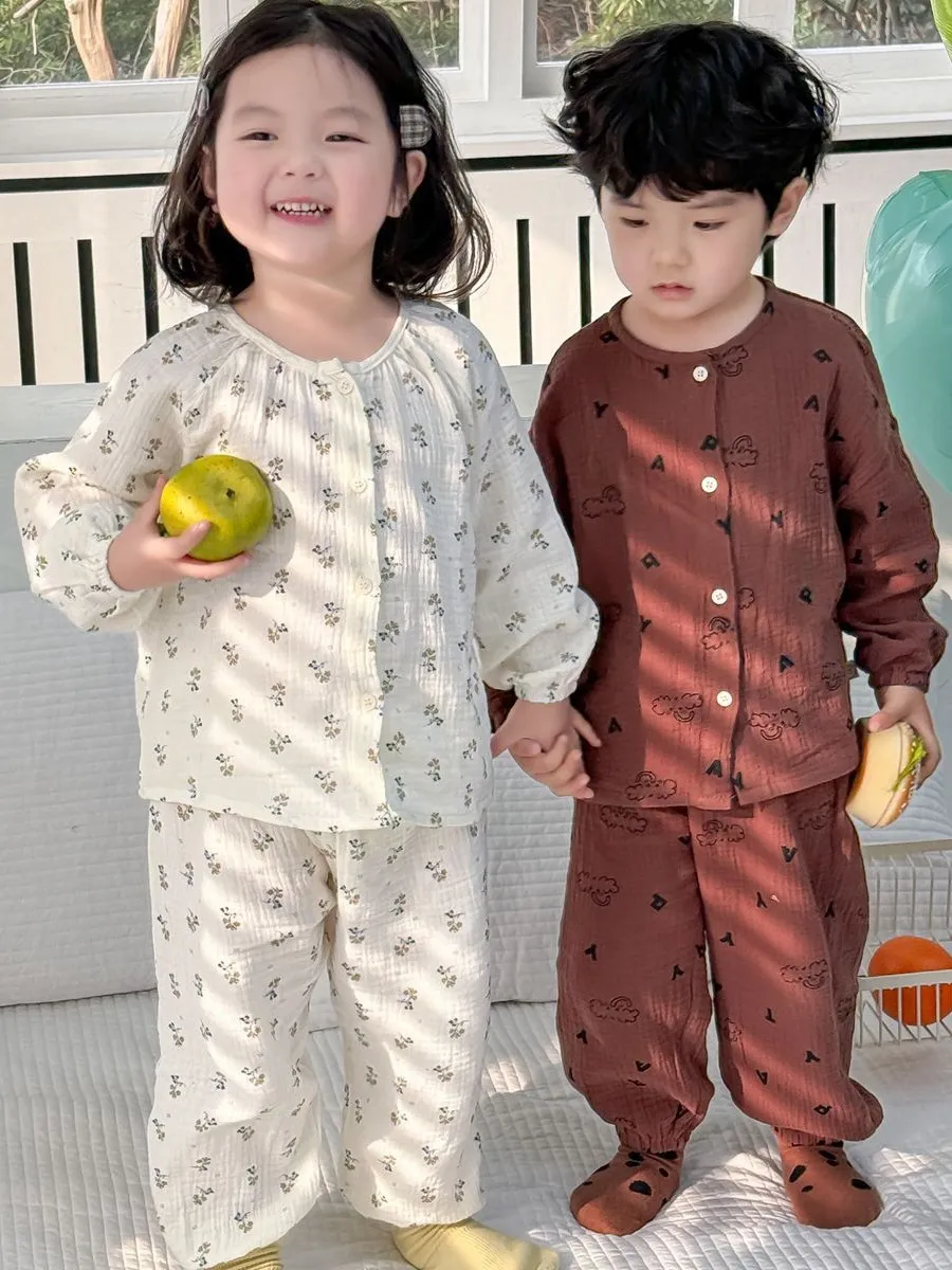 【90-130cm】 秋冬 暖かい 前開き 兄妹お揃い 長袖 子供 ルームウェア 可愛い セットアップ