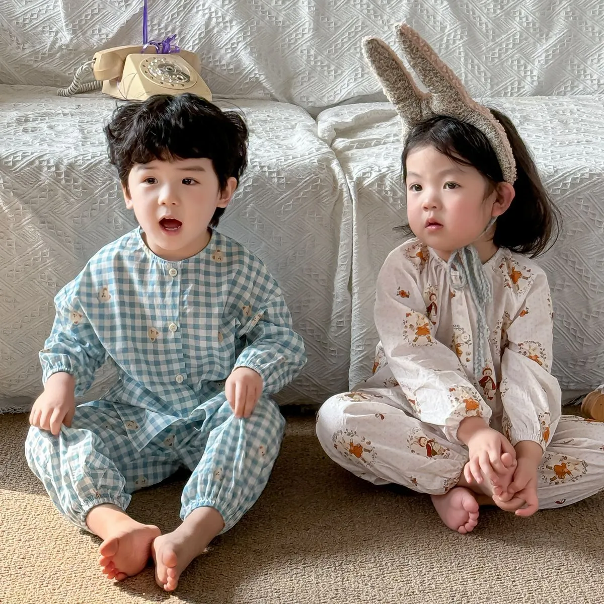 【90-130cm】 秋冬 暖かい 前開き 兄妹お揃い 長袖 子供 ルームウェア 可愛い セットアップ