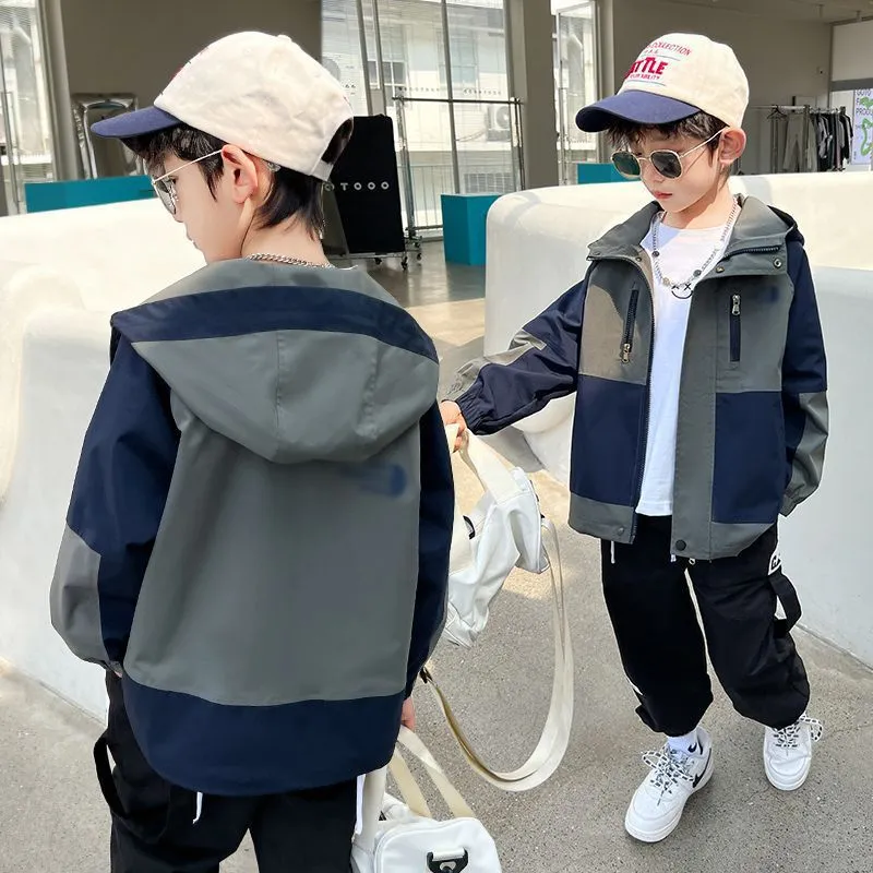 【120-170cm】カジュアル 合わせやすい 配色 トレンド 切り替え 日常 ゆったり フード付き アウター