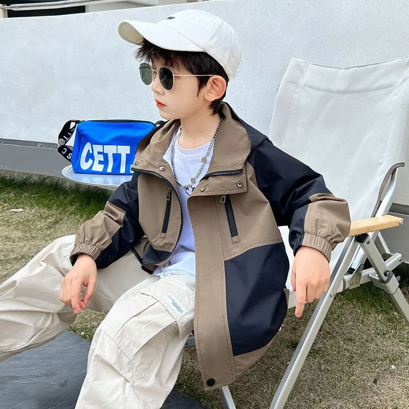 【120-170cm】カジュアル 合わせやすい 配色 トレンド 切り替え 日常 ゆったり フード付き アウター