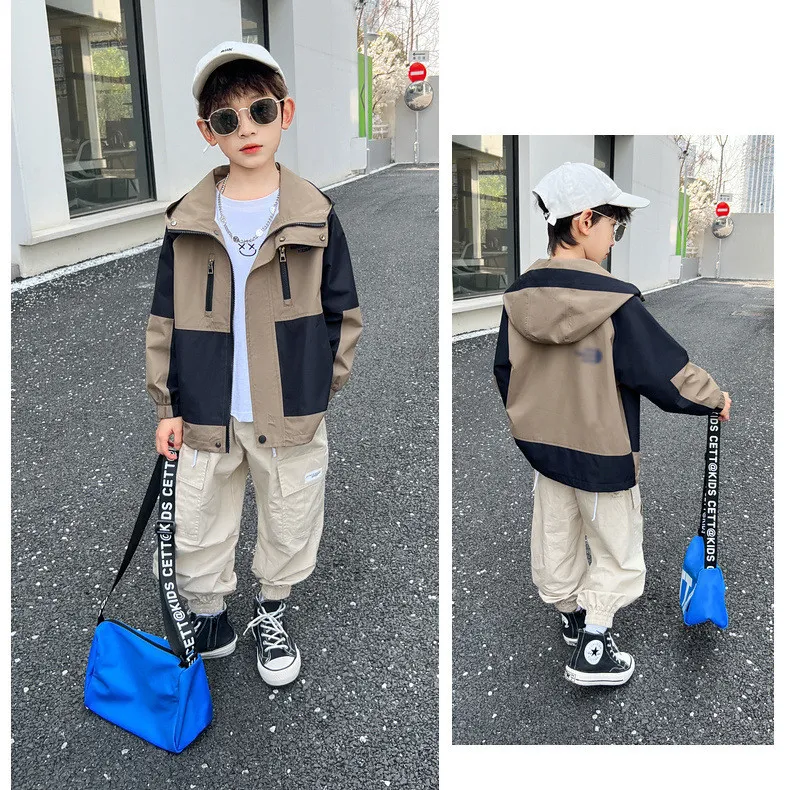 【120-170cm】カジュアル 合わせやすい 配色 トレンド 切り替え 日常 ゆったり フード付き アウター