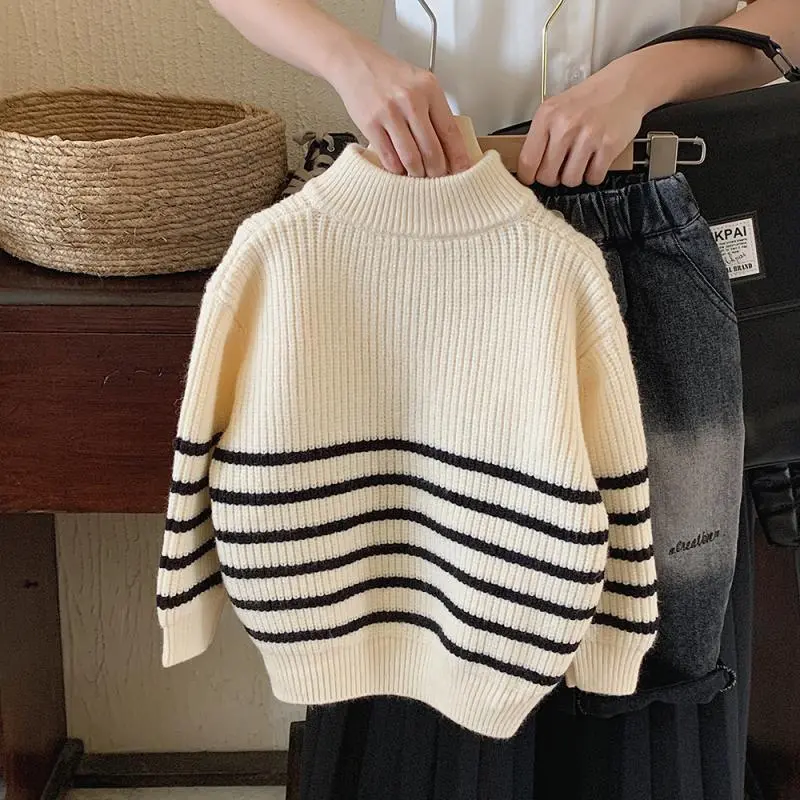 【80-130cm】着回し力抜群!カジュアル 合わせやすい スタンドネック ボーダー柄 男の子 セーター