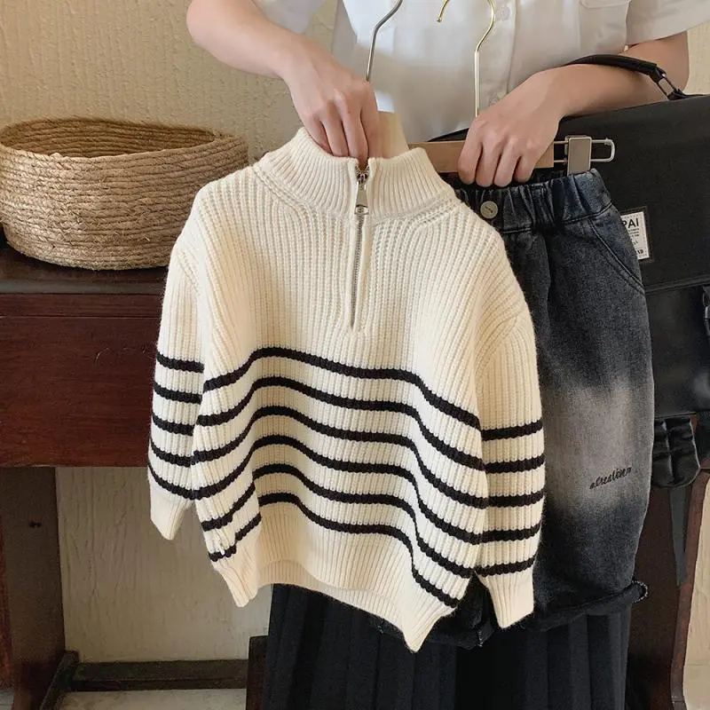 【80-130cm】着回し力抜群!カジュアル 合わせやすい スタンドネック ボーダー柄 男の子 セーター