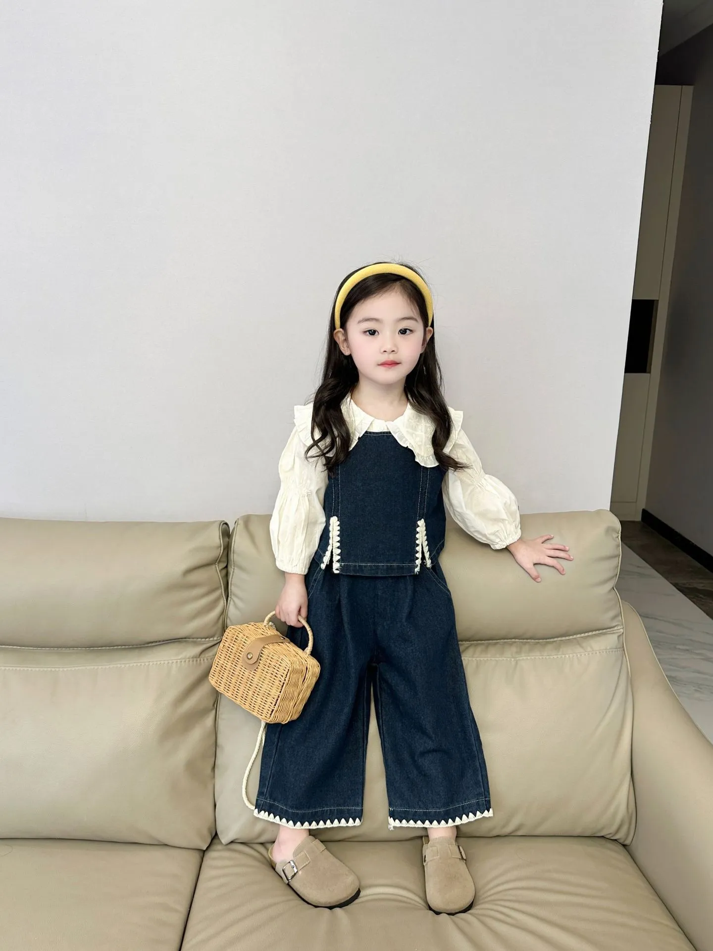 【90-140cm】おしゃれ 可愛い　セットアップ キッズ 3点セット長袖シャツ+デニム上下セット