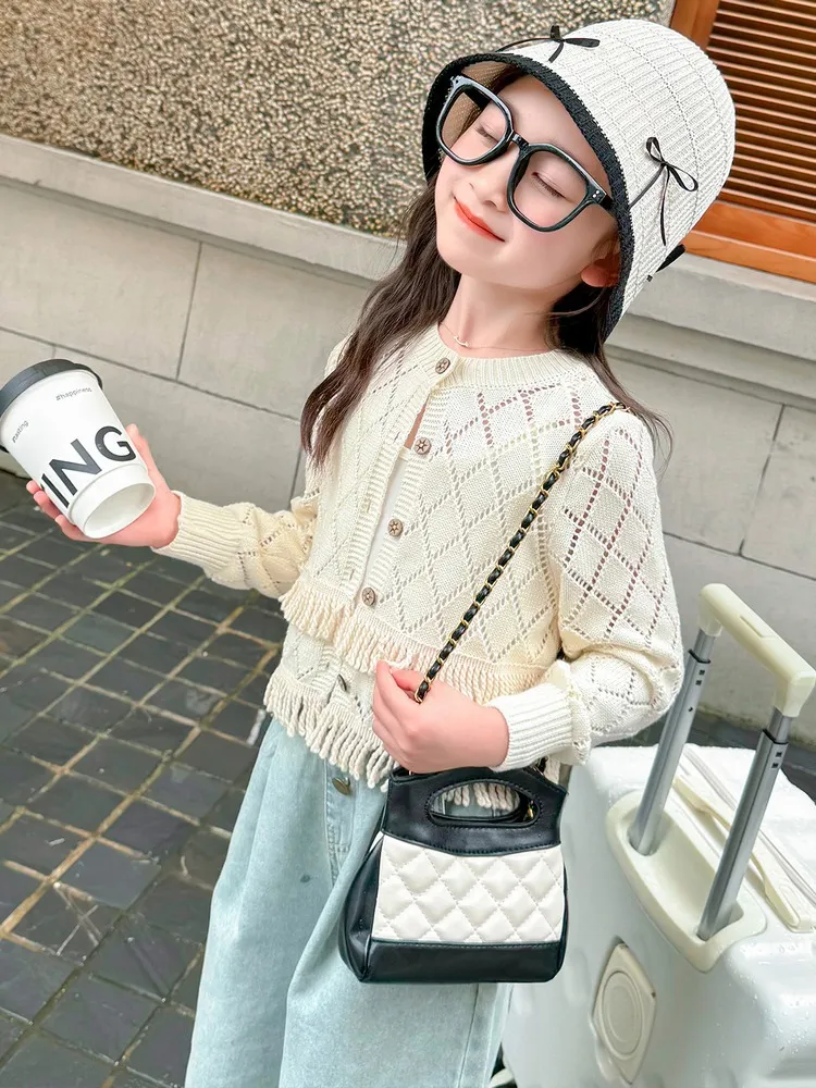 【90-140cm】秋新作  ins風  シンプル 合わせやすい  穗タッセル 女の子 カーディガン