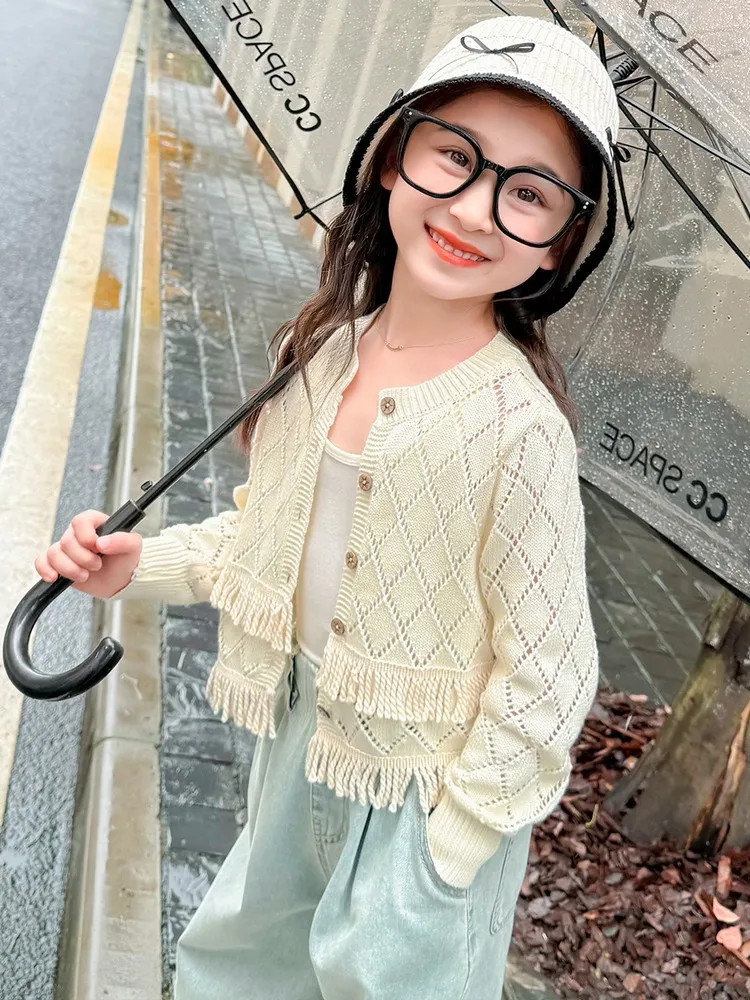 【90-140cm】秋新作  ins風  シンプル 合わせやすい  穗タッセル 女の子 カーディガン