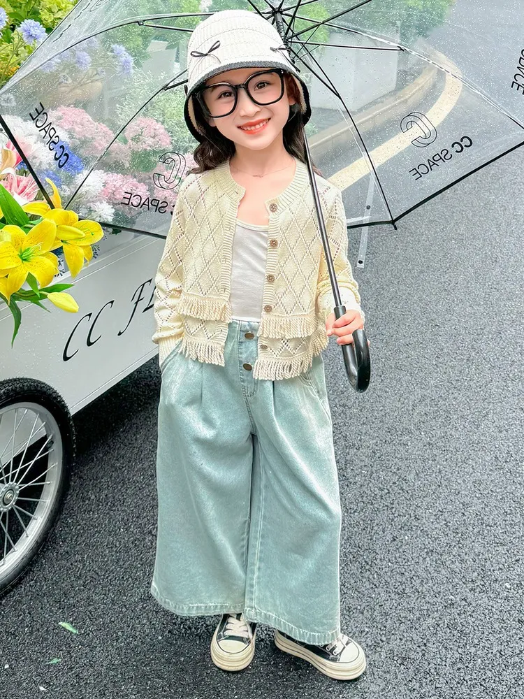 【90-140cm】秋新作  ins風  シンプル 合わせやすい  穗タッセル 女の子 カーディガン