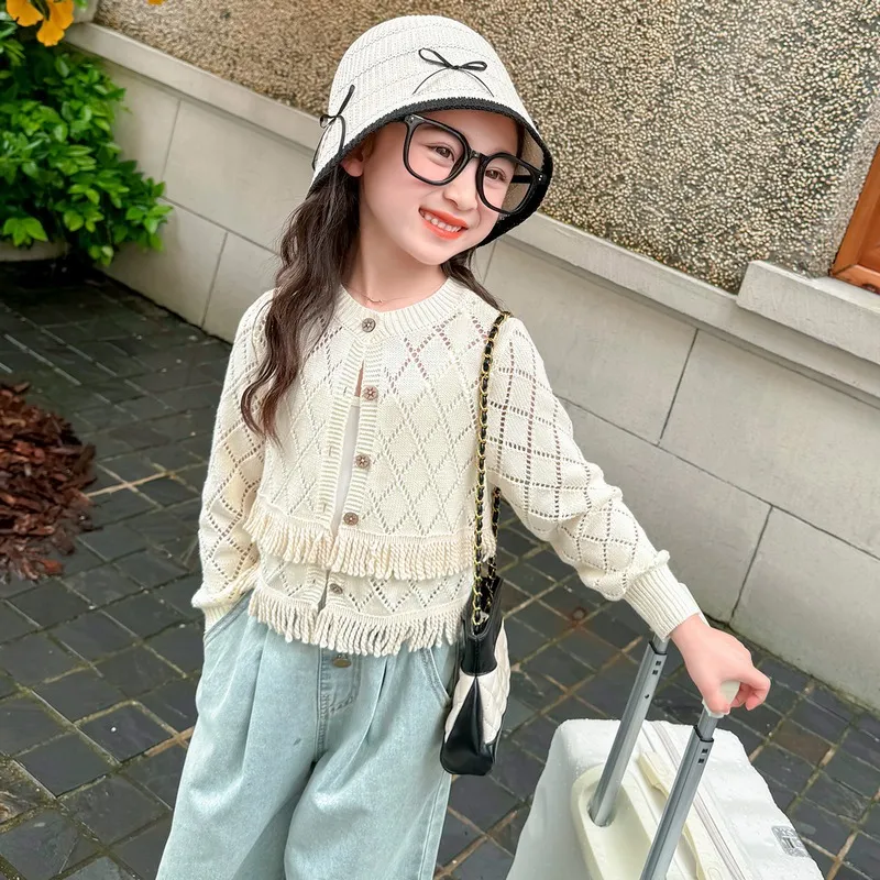 【90-140cm】秋新作  ins風  シンプル 合わせやすい  穗タッセル 女の子 カーディガン