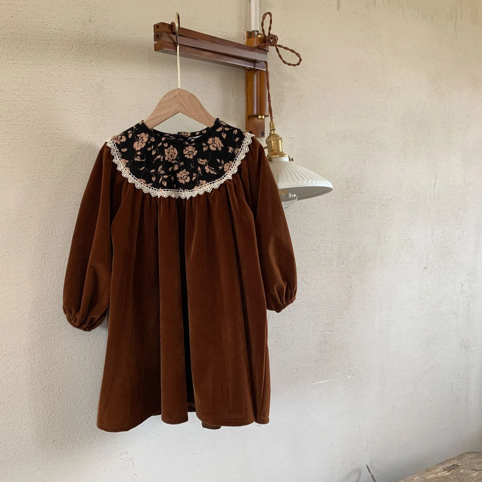 【90-130cm】ボヘミアン風がわかわいいベルベットワンピース 子供服 女の子 長袖ワンピース