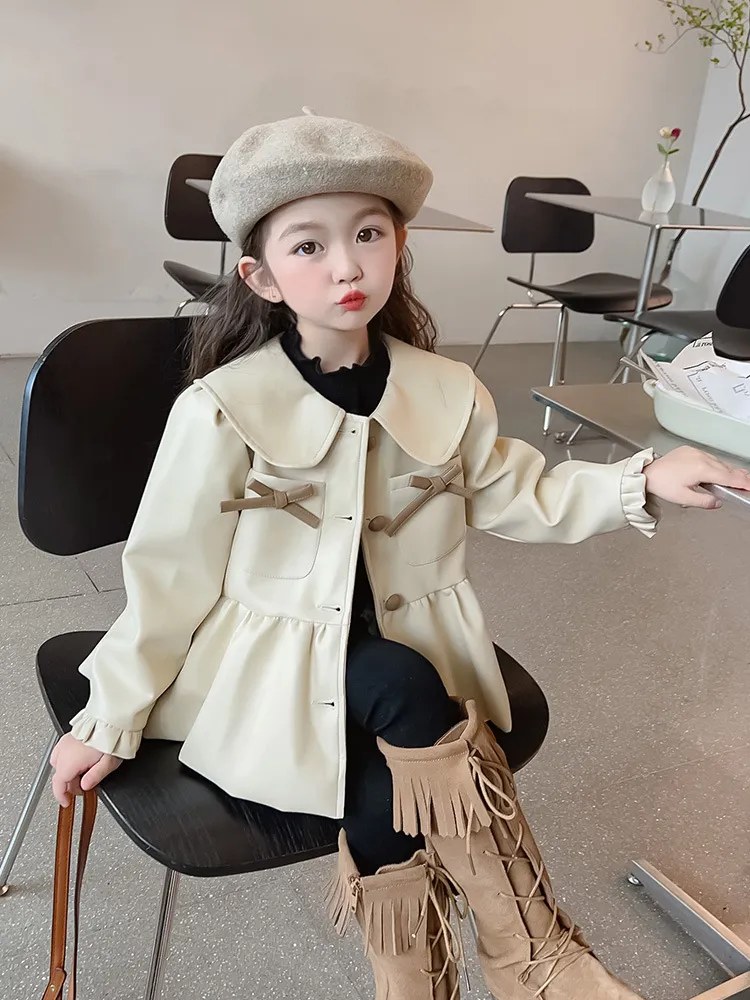 【90-140cm】毎日着たくなる シンプル ボウタイ付き 可愛い きれいめ 女の子 レザー アウター