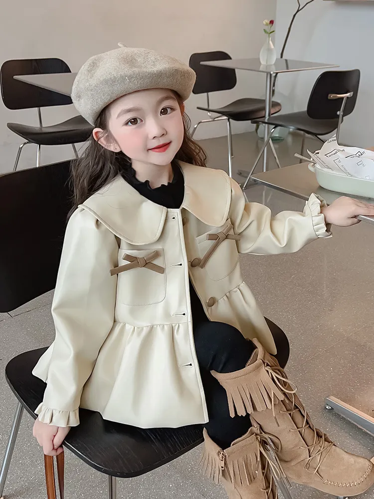 【90-140cm】毎日着たくなる シンプル ボウタイ付き 可愛い きれいめ 女の子 レザー アウター