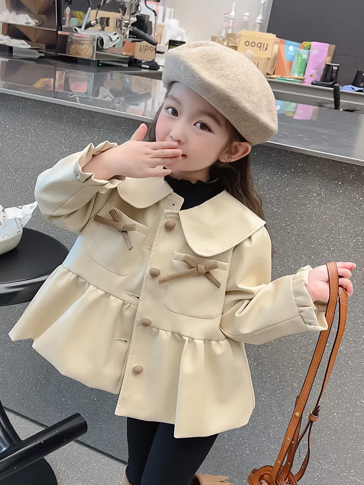 【90-140cm】毎日着たくなる シンプル ボウタイ付き 可愛い きれいめ 女の子 レザー アウター