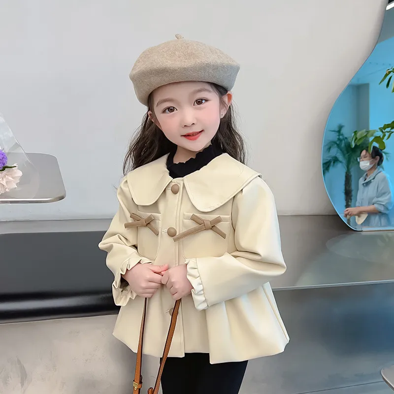 【90-140cm】毎日着たくなる シンプル ボウタイ付き 可愛い きれいめ 女の子 レザー アウター