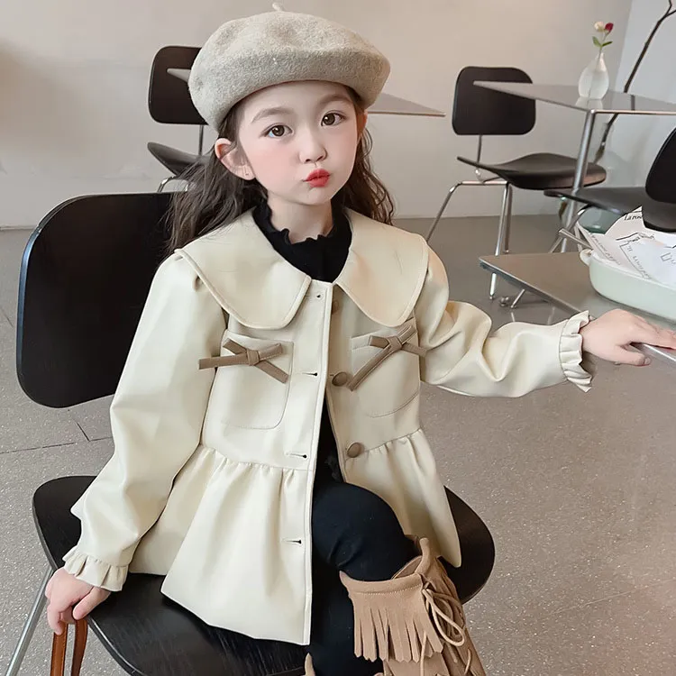 【90-140cm】毎日着たくなる シンプル ボウタイ付き 可愛い きれいめ 女の子 レザー アウター