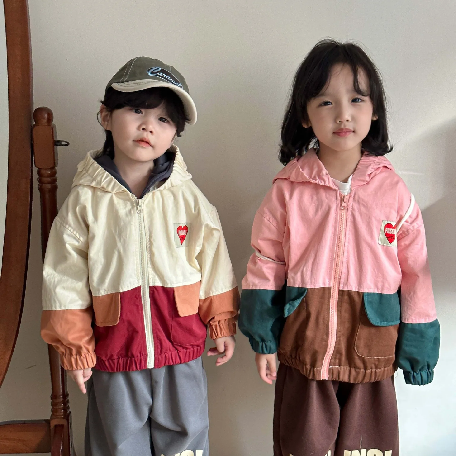 【80-150cm】かわいい フード付きバイカラー 防風 トップス ジャケット コート  こども服